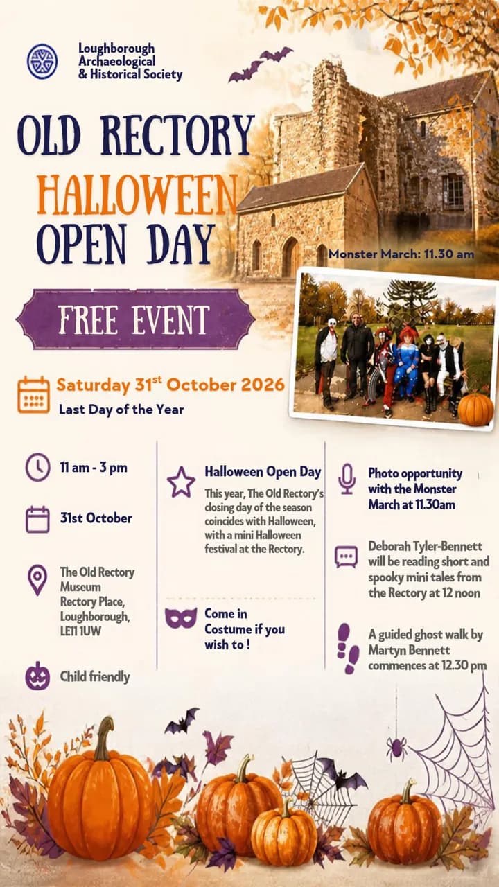 A Halloween poster showing an old rectory, a group of people in costumes, and pumpkins with autumn leaves and bats.