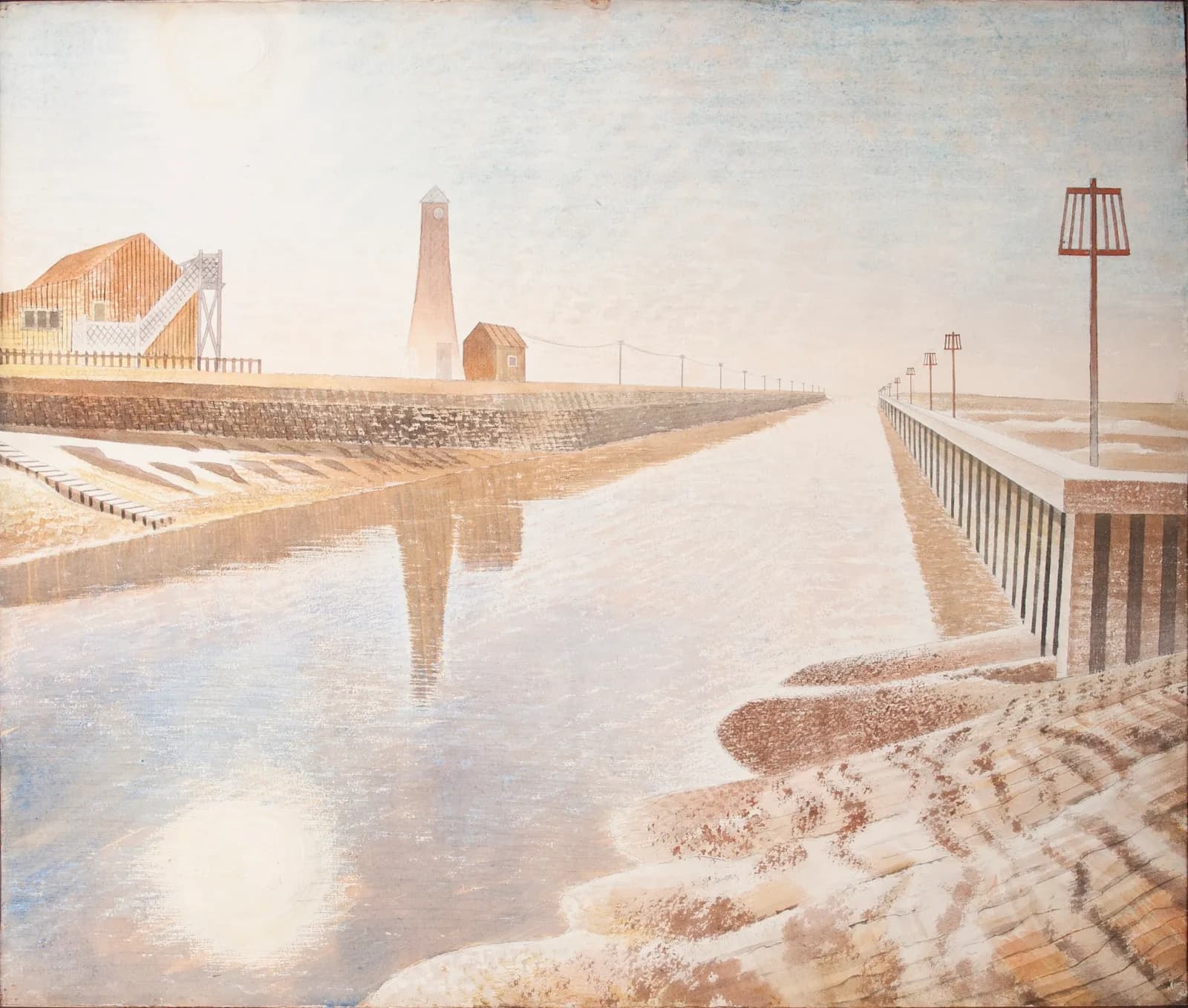 A painting of a narrow waterway reflecting a lighthouse and buildings under a hazy sky, flanked by a stone wall on one side and a wooden pier with marker poles on the other.
