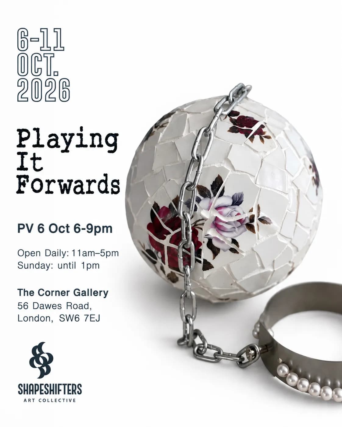 A ceramic orb made of broken white tiles with purple and red floral patterns, chained to a metal bracelet adorned with pearls.