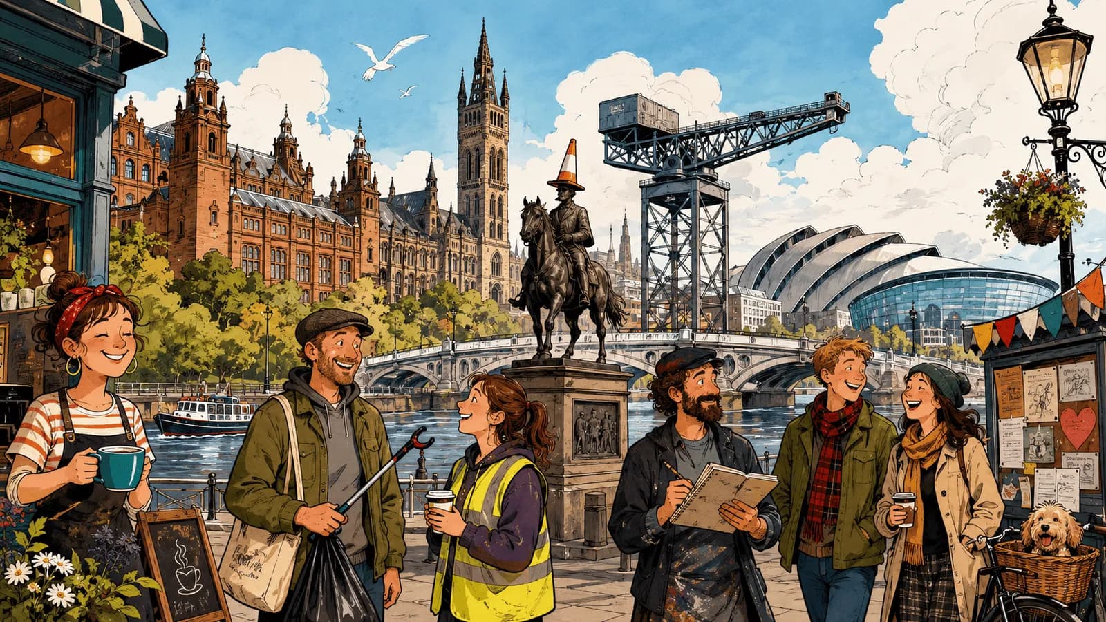 A cheerful group of people enjoying a sunny day by the river in a lively city, with a cafe worker smiling in the foreground and historic and modern buildings in the background.