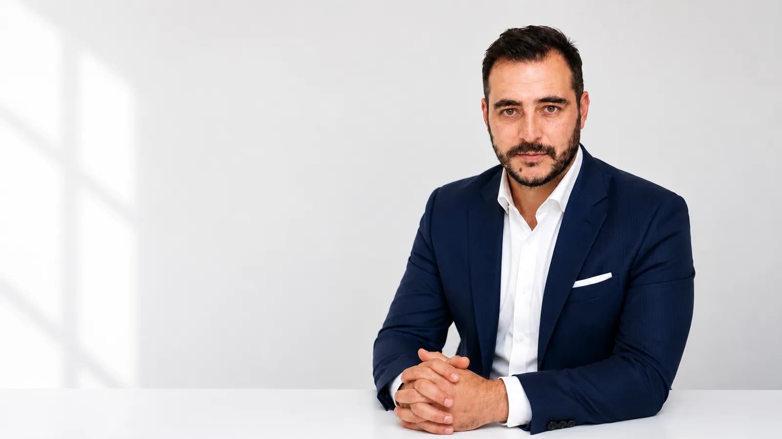 A man with dark hair and a beard, wearing a blue suit and white shirt, sits at a white table with his hands clasped, looking directly at the camera.
