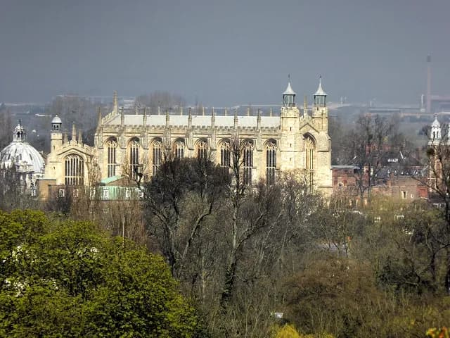 A grand, gothic-style building with multiple arched windows and two small turrets on top is visible amidst and behind a dense collection of trees, with a large white domed building to its left and other structures in the hazy distance.