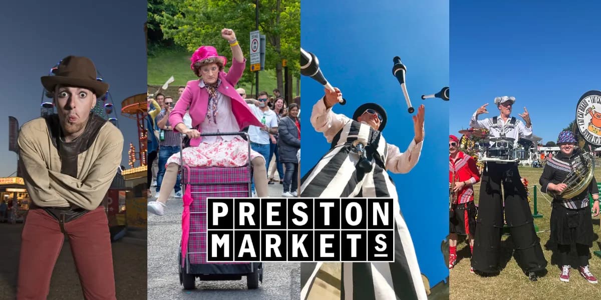 A collage of four images showing street performers: a man in a straitjacket, a woman in a pink outfit riding a shopping cart, a juggler looking up at flying clubs against a blue sky, and a band with a drummer on stilts and a tuba player.
