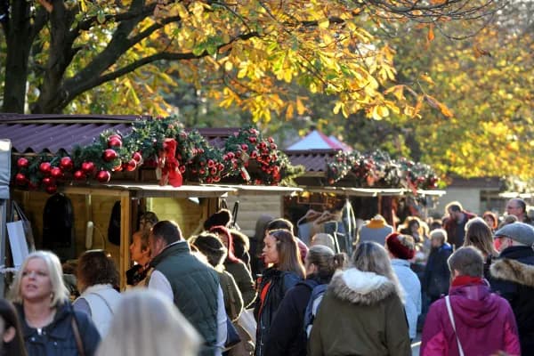 A busy outdoor market scene with many people browsing stalls decorated with festive Christmas garlands under trees with autumn leaves.