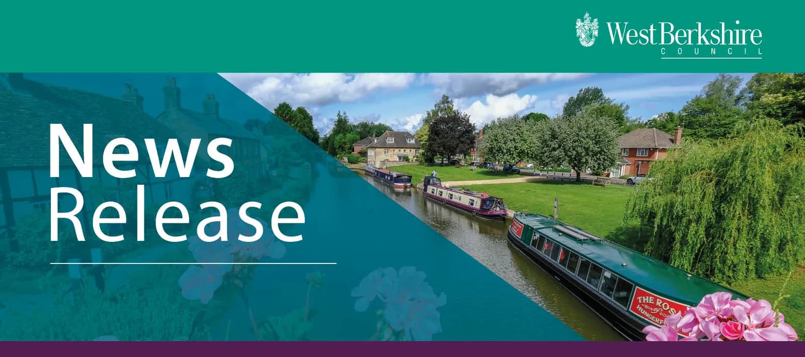Several canal boats are moored along a narrow river or canal, with green grassy banks and trees under a cloudy sky.