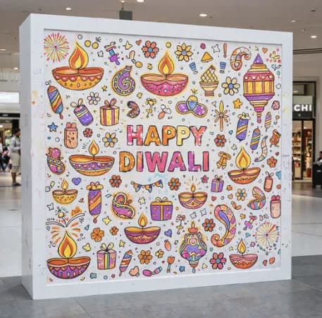 A vibrant Diwali-themed mural features colorful illustrations of diyas, gifts, lanterns, and other festive motifs, with the words "HAPPY DIWALI" prominently displayed in the center.
