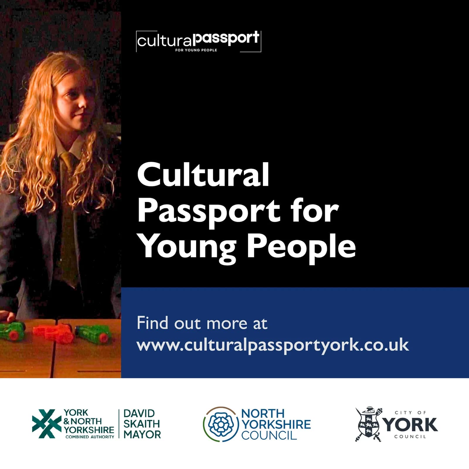 A young person with long wavy blonde hair and a dark suit looks towards the right against a dark background, with the text 'Cultural Passport for Young People' on the right.