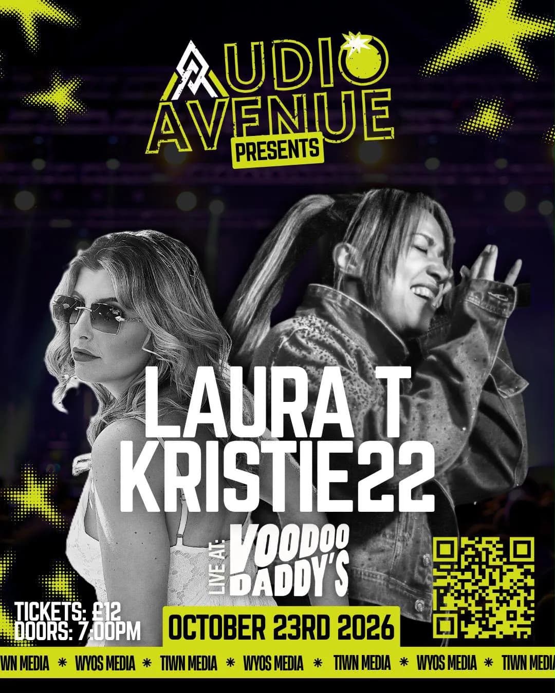 A concert poster for Audio Avenue Presents featuring Laura T and Kristie22 Live at Voodoo Daddy's, with two women depicted and event details.