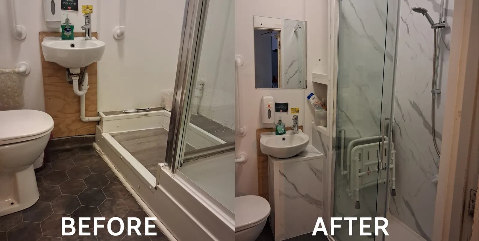 A side-by-side comparison of a bathroom before and after renovation, showing a modern update to the sink, toilet, and shower area.