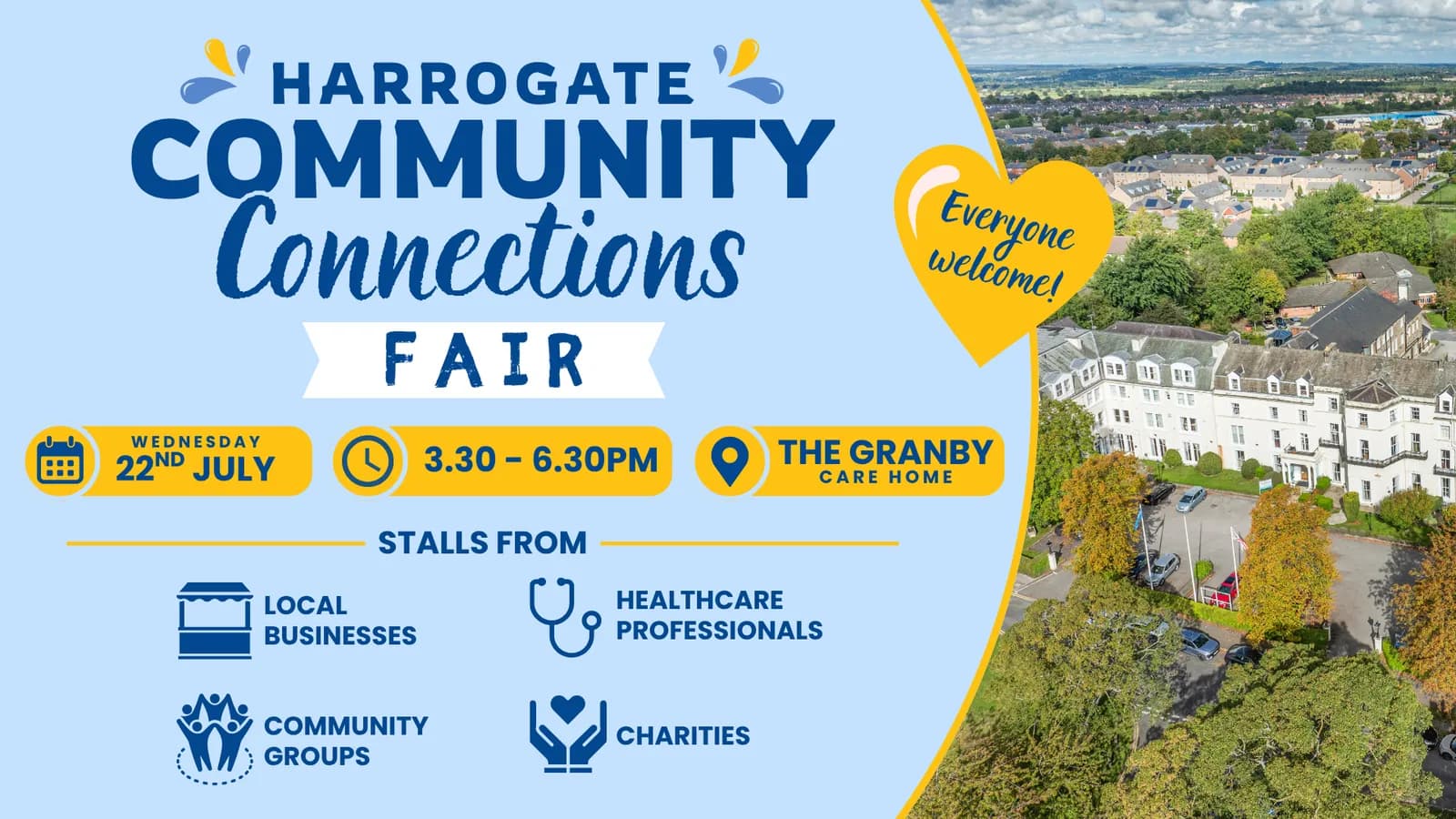 A promotional poster for the Harrogate Community Connections Fair with event details on a light blue background and an aerial view of a large building and surrounding landscape on the right.