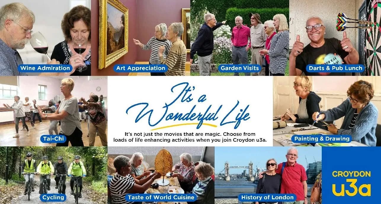 A collage of images showing older adults participating in various activities like wine tasting, art appreciation, tai-chi, gardening, darts, painting, cycling, cooking, and visiting London landmarks, with the text "It's a Wonderful Life" in the center.