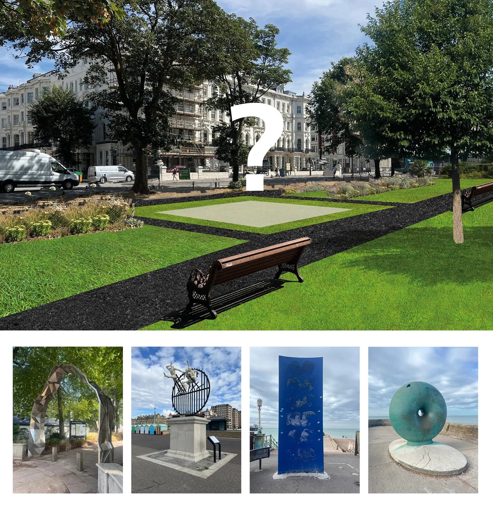 A park scene with a large white question mark floating above an empty square on the grass, and four smaller inset images below showing different sculptures.