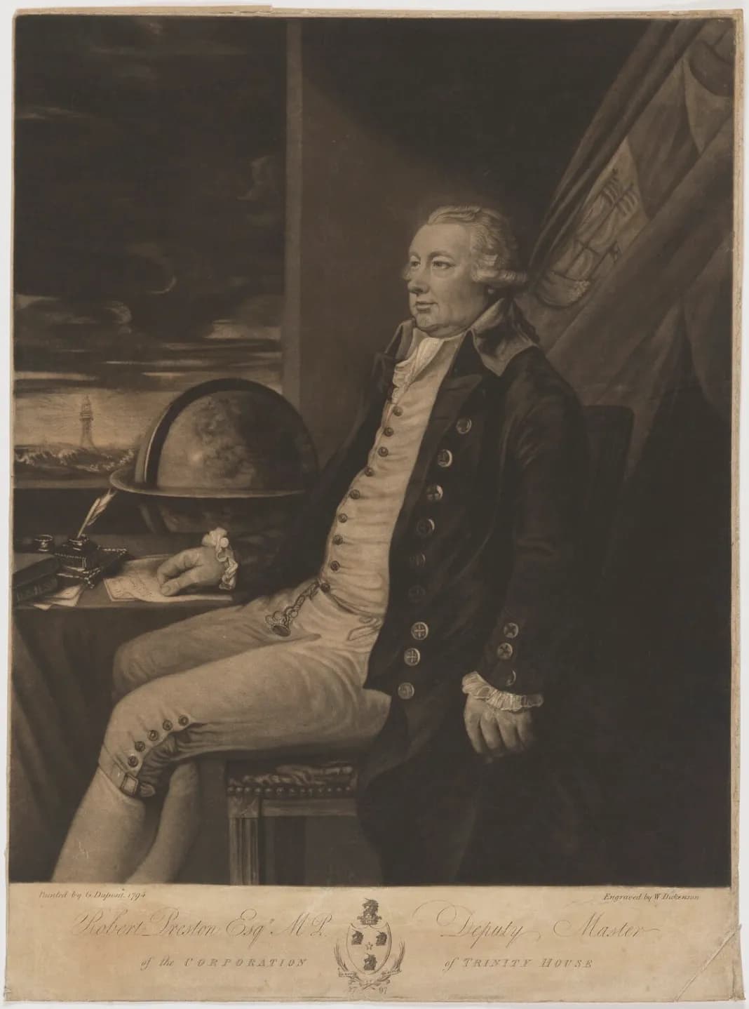 A man in historical attire, seated at a desk with a globe and a lighthouse visible in the background, is depicted in a half-length portrait.
