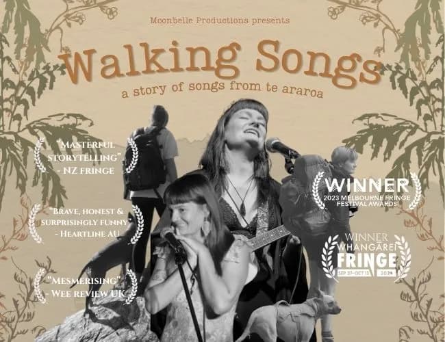 A promotional poster for "Walking Songs" features a central singer with long dark hair, singing into a microphone with her head tilted back, next to a woman with bangs also singing into a microphone, with a guitar visible.