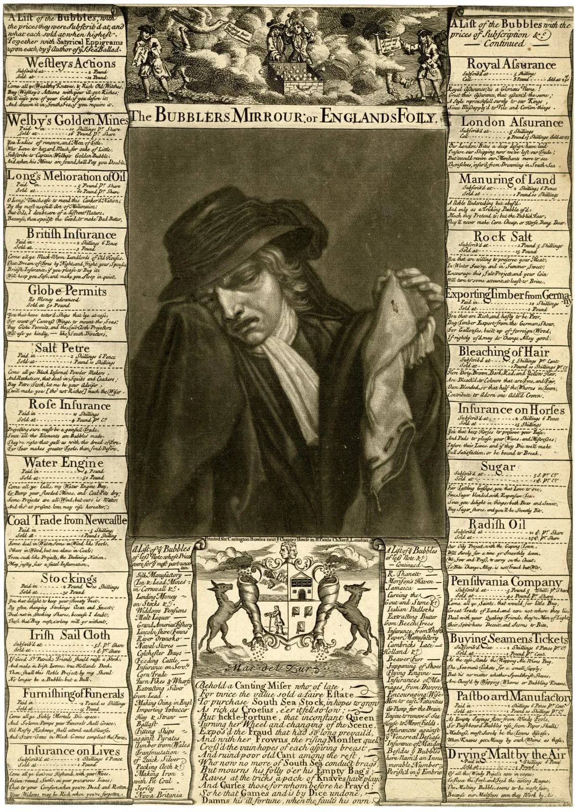 A black and white engraving, with borders of text, depicts a man sitting with his head in his hand, looking down in despair.