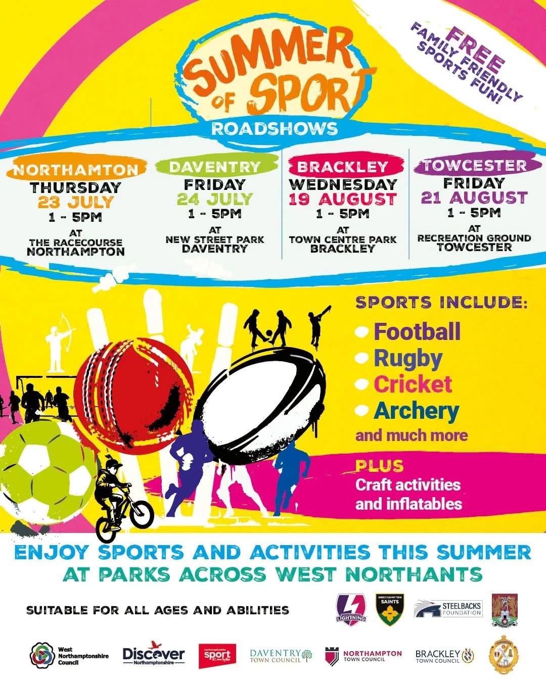 A colorful poster promoting 'Summer of Sport Roadshows' with dates and locations for events in Northampton, Daventry, Brackley, and Towcester, featuring illustrations of various sports like football, rugby, cricket, and archery, along with logos of local councils and organizations.