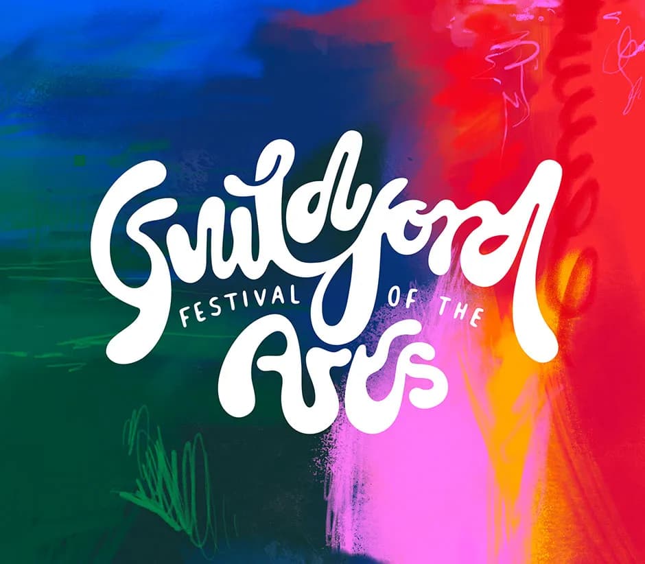 Stylized white text spelling "Guildford Festival of the Arts" on a vibrant, abstract background of blue, green, red, and pink brushstrokes.