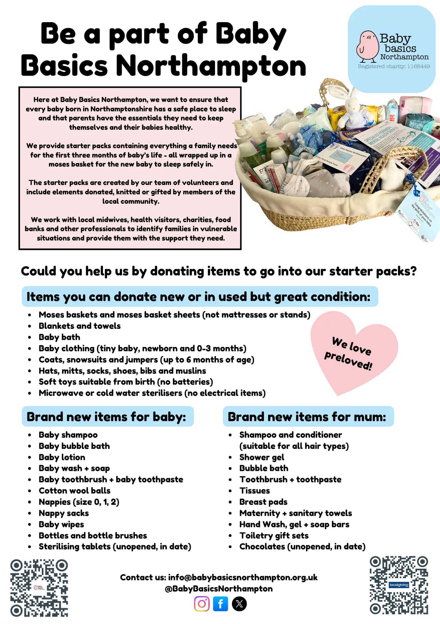 Four adults, two men and two women, stand behind green donation bins, one holding a baby bath and another a baby bassinet with a stuffed rabbit.