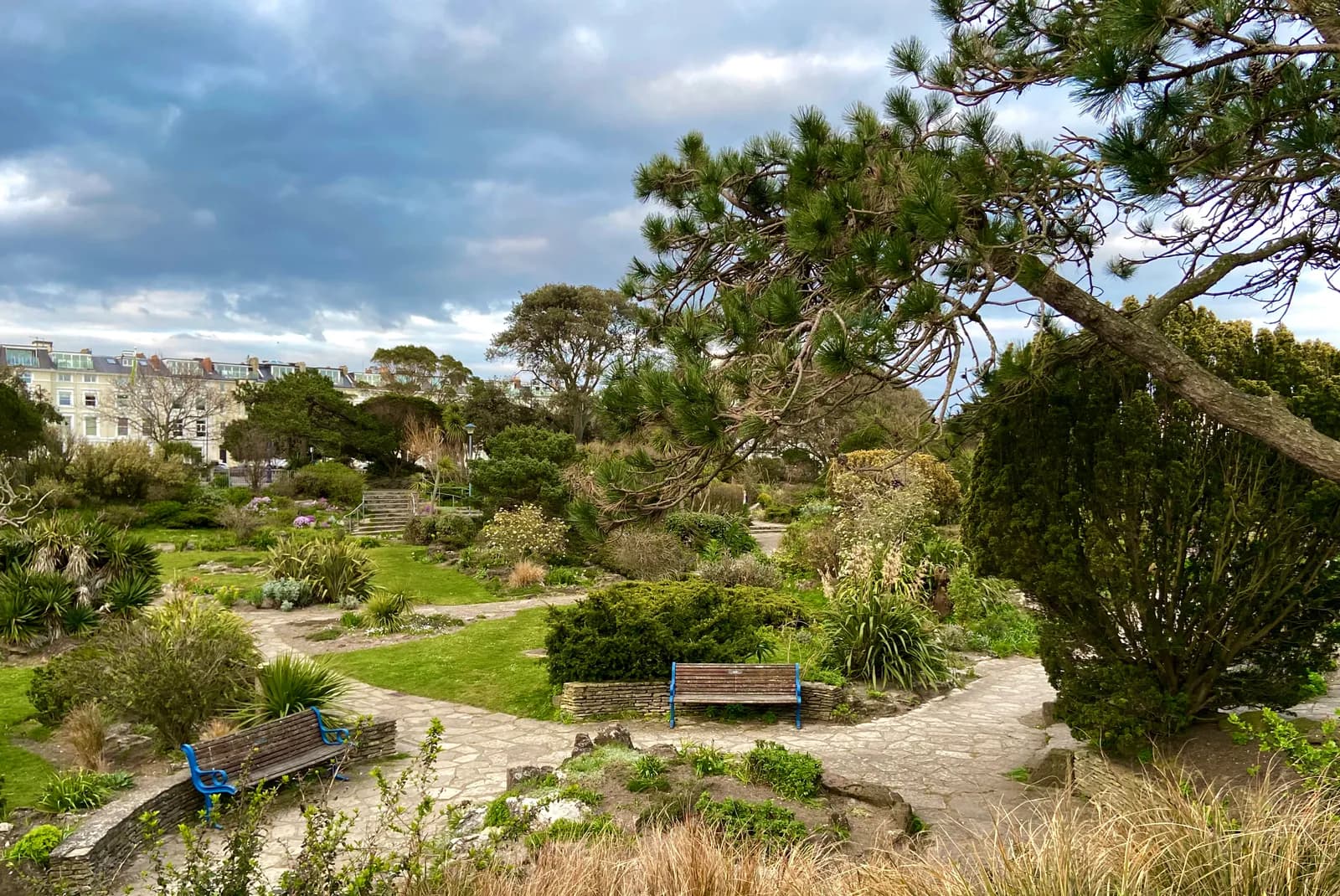 A botanical garden with winding stone pathways, lush green grass, various plants, and tall trees under a cloudy sky.