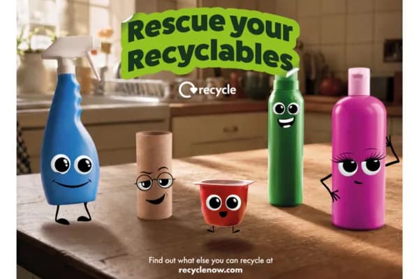 A blue spray bottle, a toilet paper roll, a red yogurt pot, a green metal bottle, and a pink shampoo bottle, all animated with cartoon faces and limbs, are lined up on a kitchen counter under the text "Rescue your Recyclables."