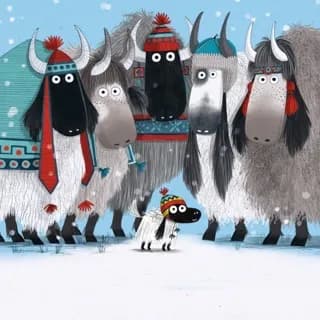 A small white fluffy sheep wearing a colorful hat stands in the snow in front of five large yaks, all of whom are wearing hats and some with scarves.
