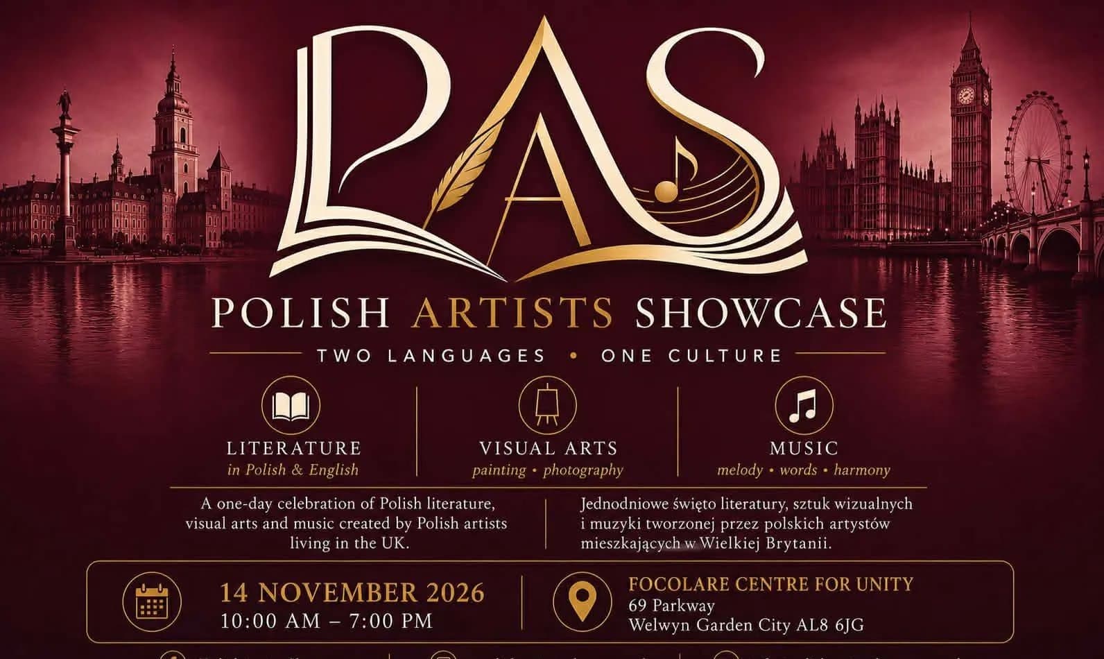 A maroon and gold poster advertises a Polish Artists Showcase, featuring a cityscape with a river, and text outlining literature, visual arts, and music, event date, and location.