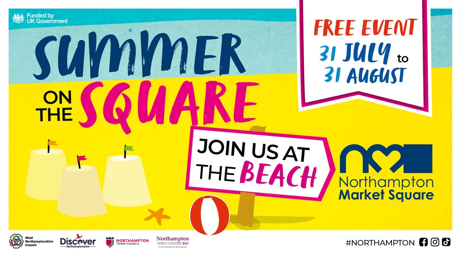 A brightly colored poster advertises 'Summer on the Square' and a 'Free Event' from July 31 to August 31, suggesting visitors 'Join us at the beach', with whimsical sandcastles and a beach ball.