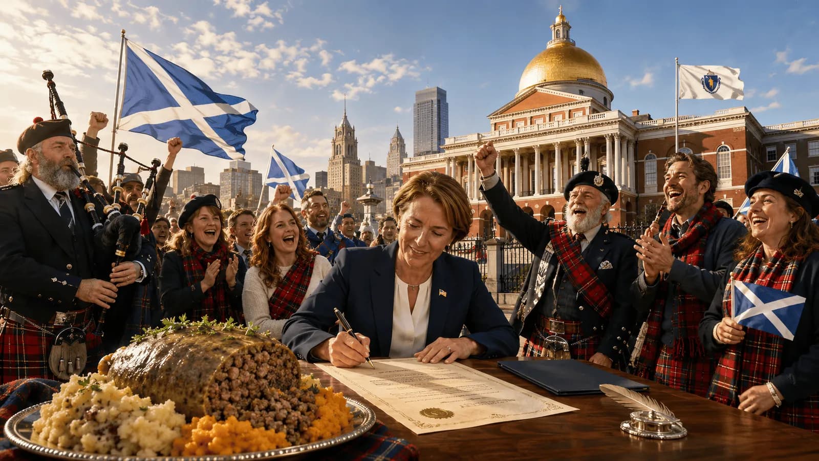 A woman in a business suit signs a document at a long table with a plate of haggis, while people in Scottish kilts and holding Scottish flags celebrate behind her outside a government building.