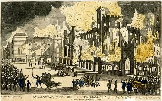 A monochromatic illustration of the Houses of Parliament burning with towering flames and thick smoke, as a crowd of soldiers and citizens gather in the foreground to observe the destruction.