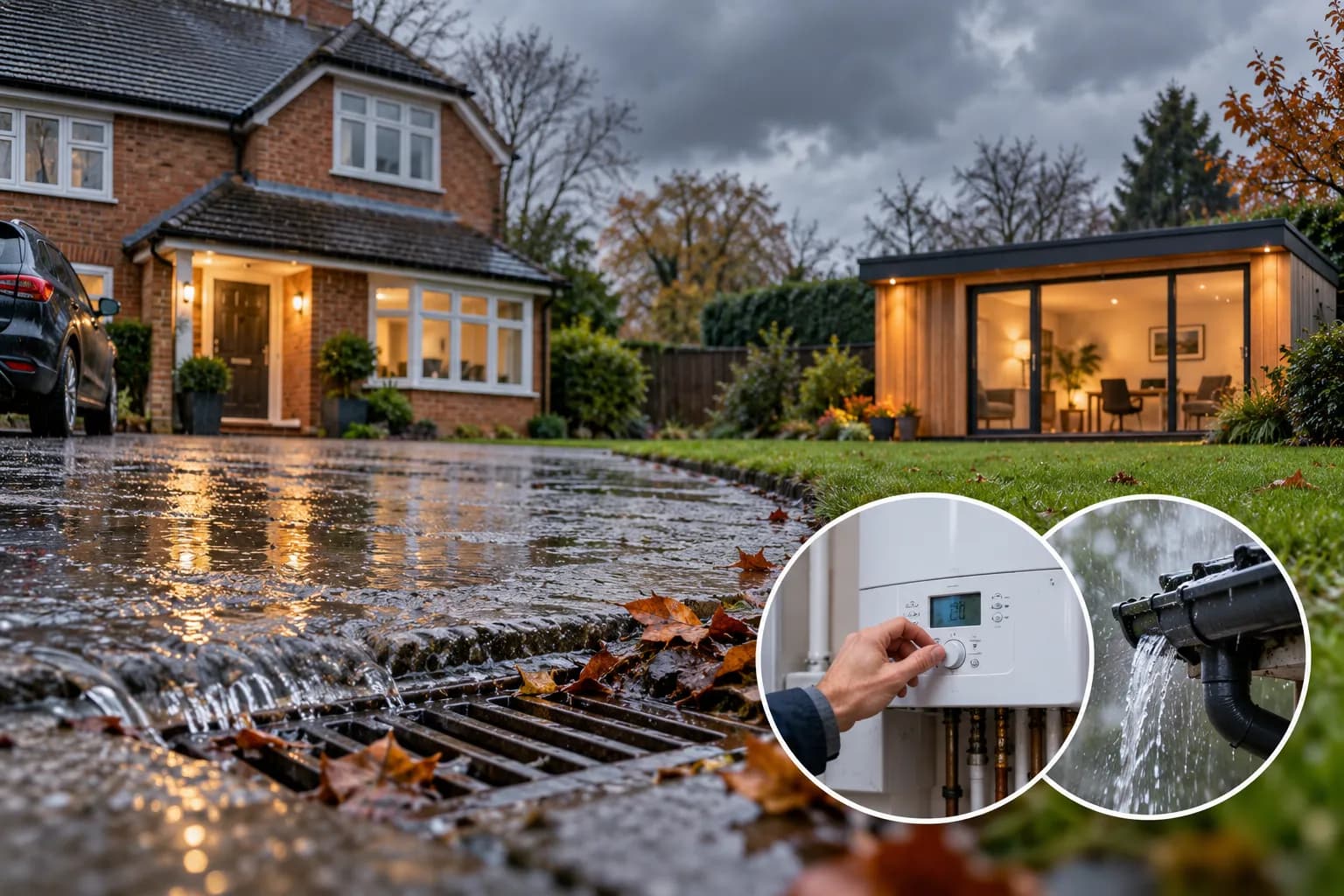 Rainwater flows into a storm drain on a wet driveway in front of a house, with two inset circles showing a hand adjusting a boiler thermostat and water pouring from a gutter.