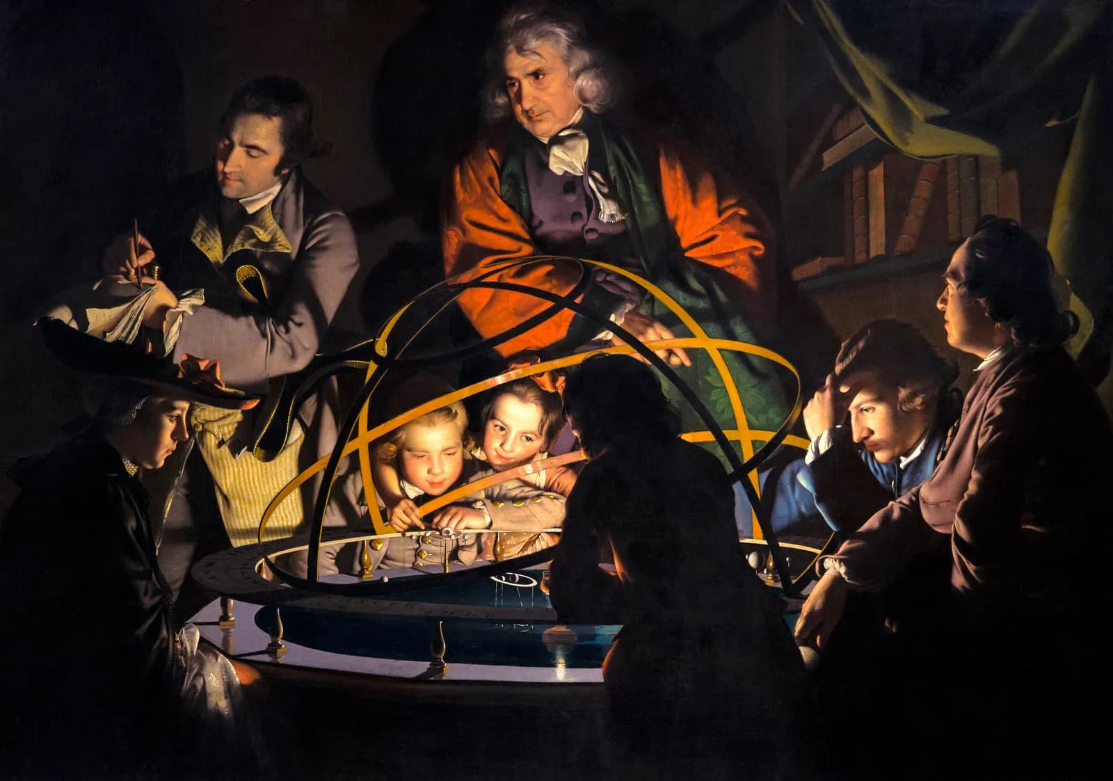 A painting depicts several men and children gathered around an orrery, illuminated by a light source positioned behind them, showcasing a dramatic play of light and shadow.