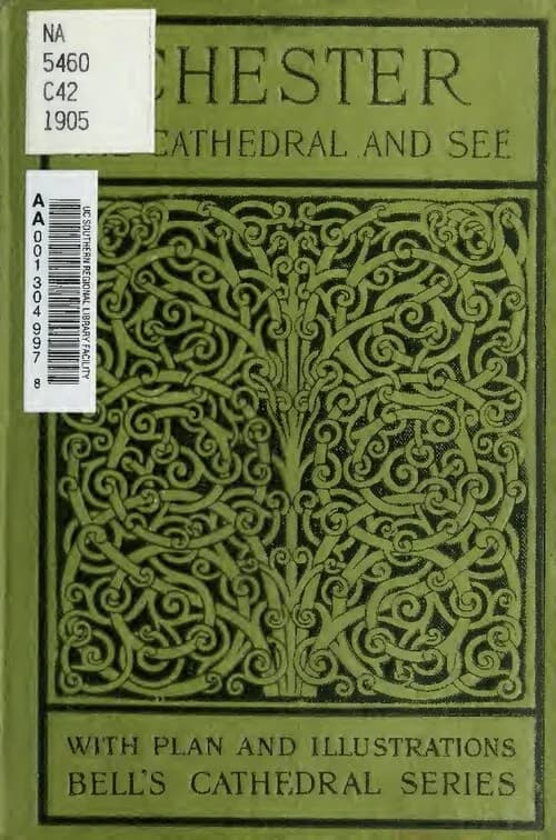A green book cover titled "CHESTER CATHEDRAL AND SEE" with a black intertwined Celtic knot design in the center, and library labels on the top left.