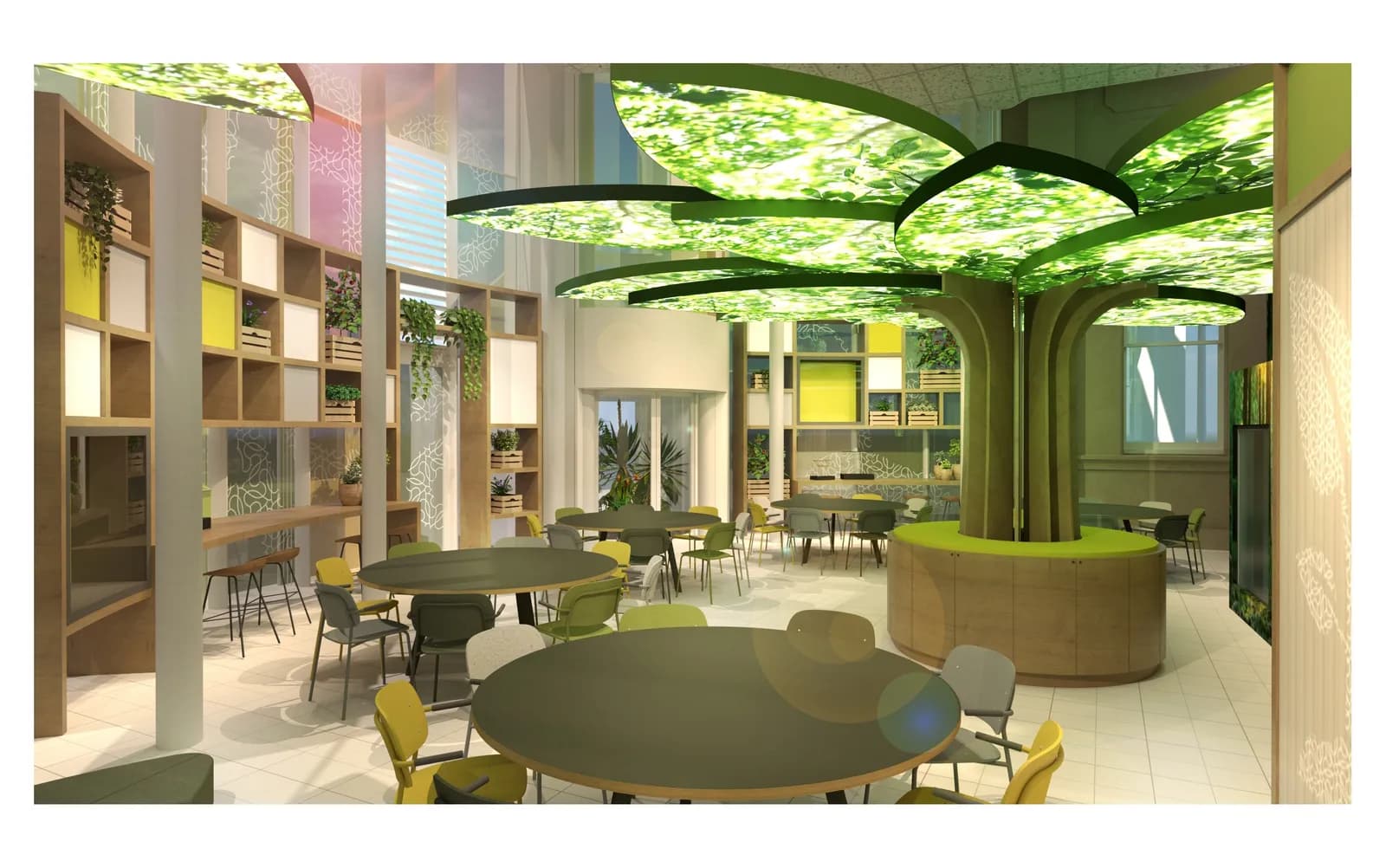 A modern cafe interior with circular tables and chairs, a large decorative tree structure in the center, and shelves with plants along the walls.