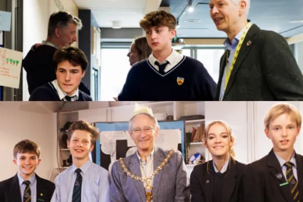 A split image shows students talking with adults in the top frame, and in the bottom frame, a group of students pose with an adult wearing a ceremonial chain and paper hat.