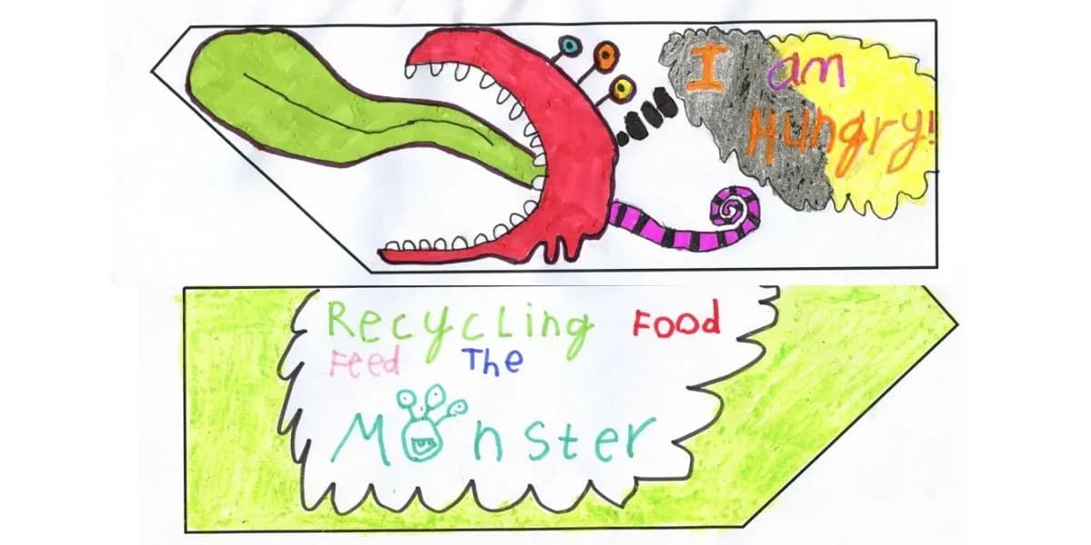 A child's drawing depicts a red monster with a long green tongue and sharp teeth, with colorful eyes or dots near its head that says "I am Hungry" next to it. Below, a second drawing with green outlines says "Recycling Feed The Monster".