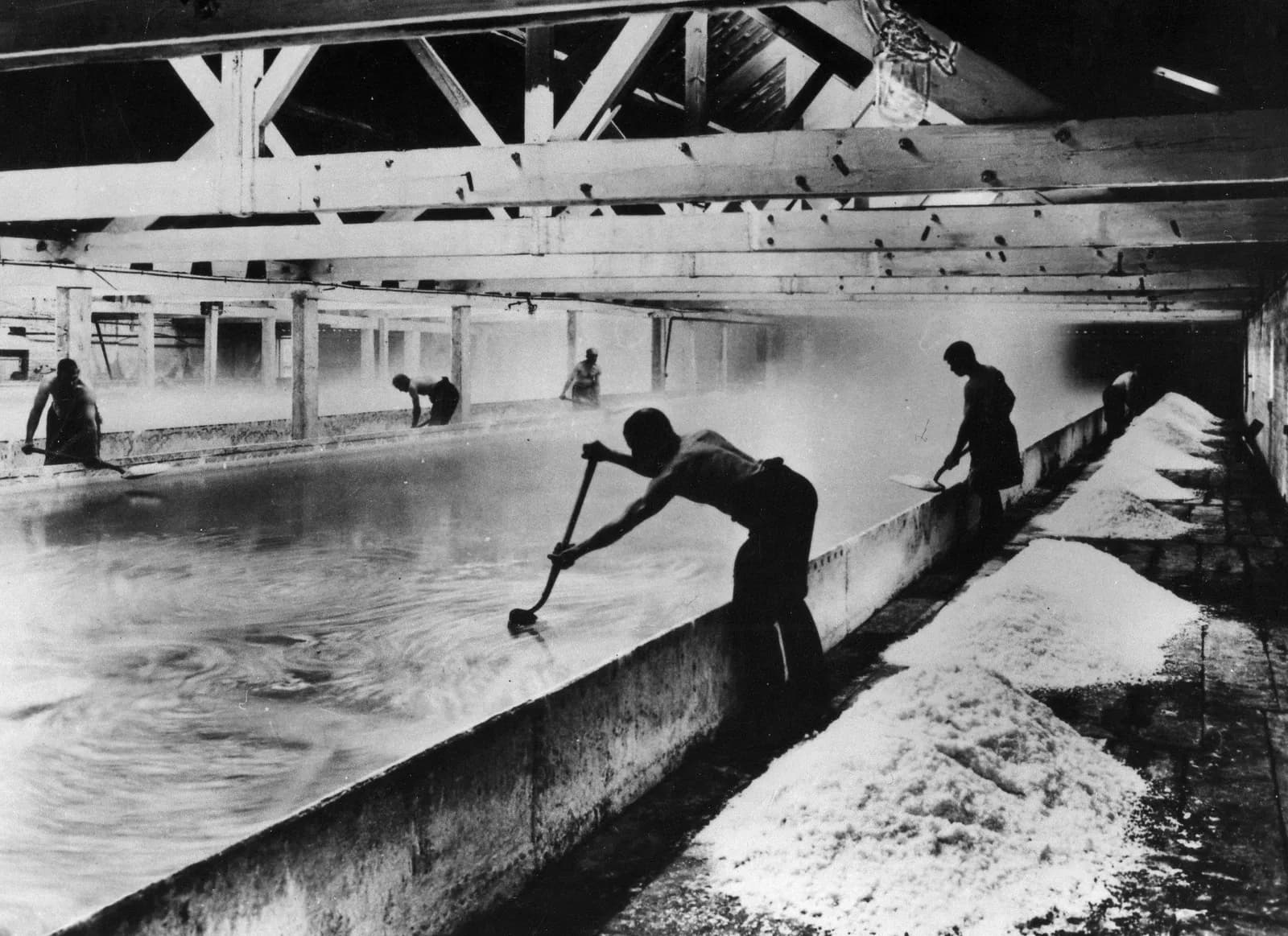 Several workers toil in a salt evaporation facility, with one man prominently stirring the briny water in the foreground and piles of harvested salt visible in the background.