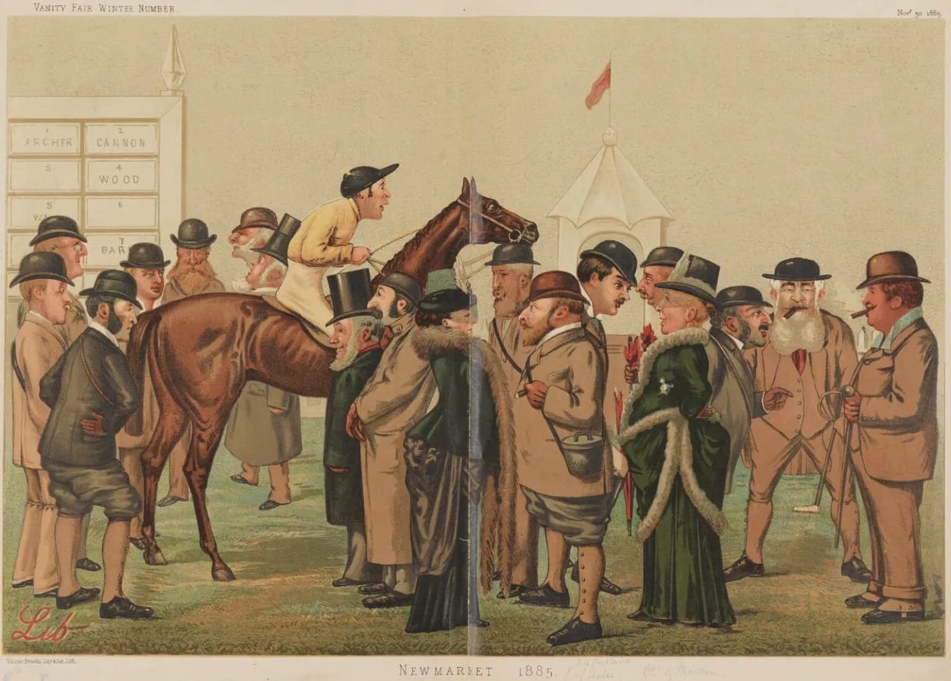 A caricatured crowd of men wearing hats gather around a jockey on horseback at a race track with scoreboard and tent in the background.
