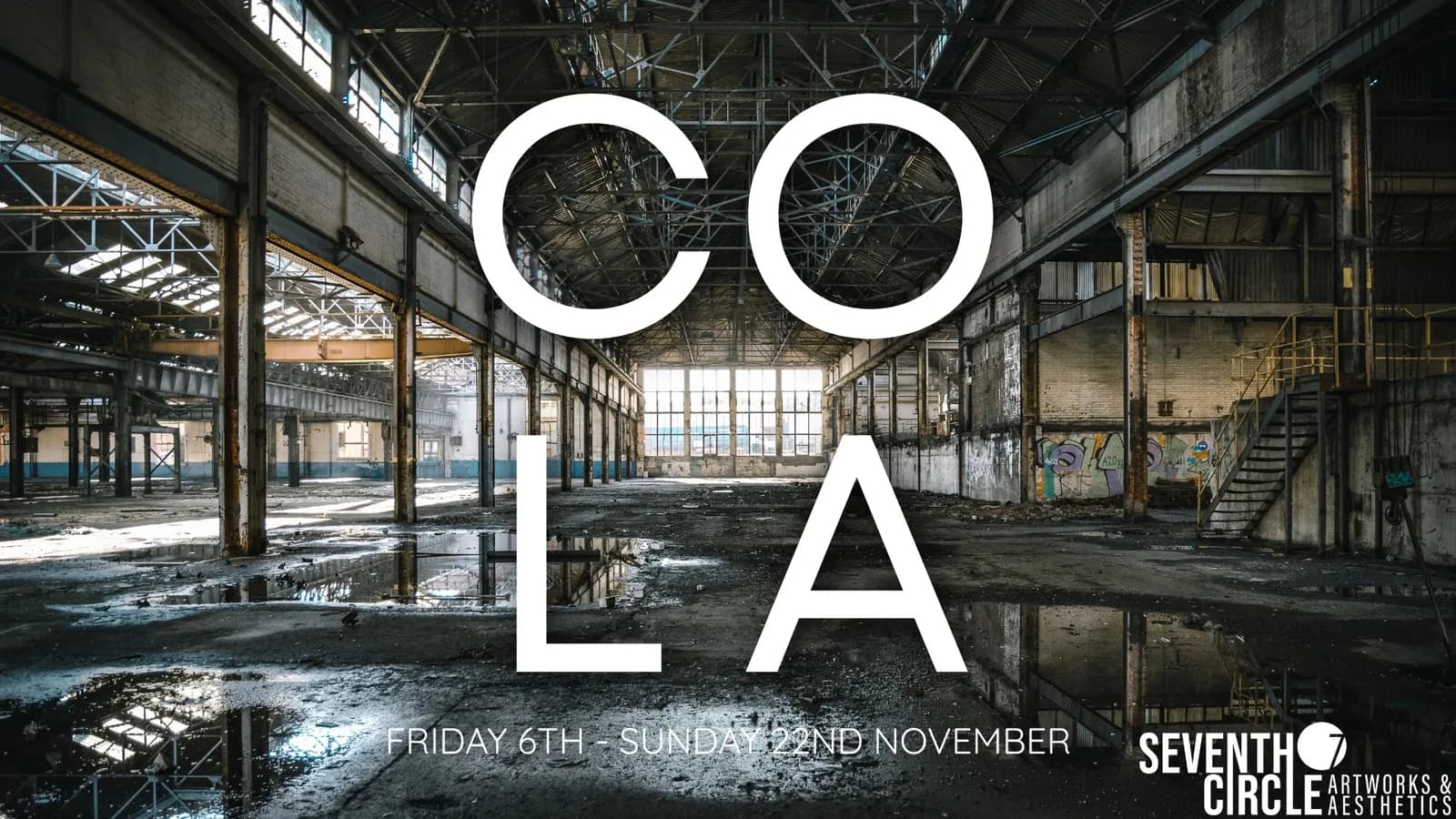 A desolate, abandoned industrial warehouse with large windows at the far end, sunlight streaming in, and the word "COLA" in large white letters across the center.
