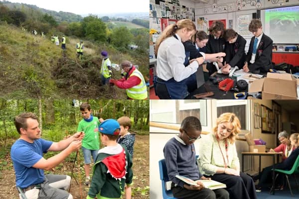 A collage shows various outdoor and indoor activities involving students and adults, including clearing brush from a hillside, working on projects in a classroom, and reading.