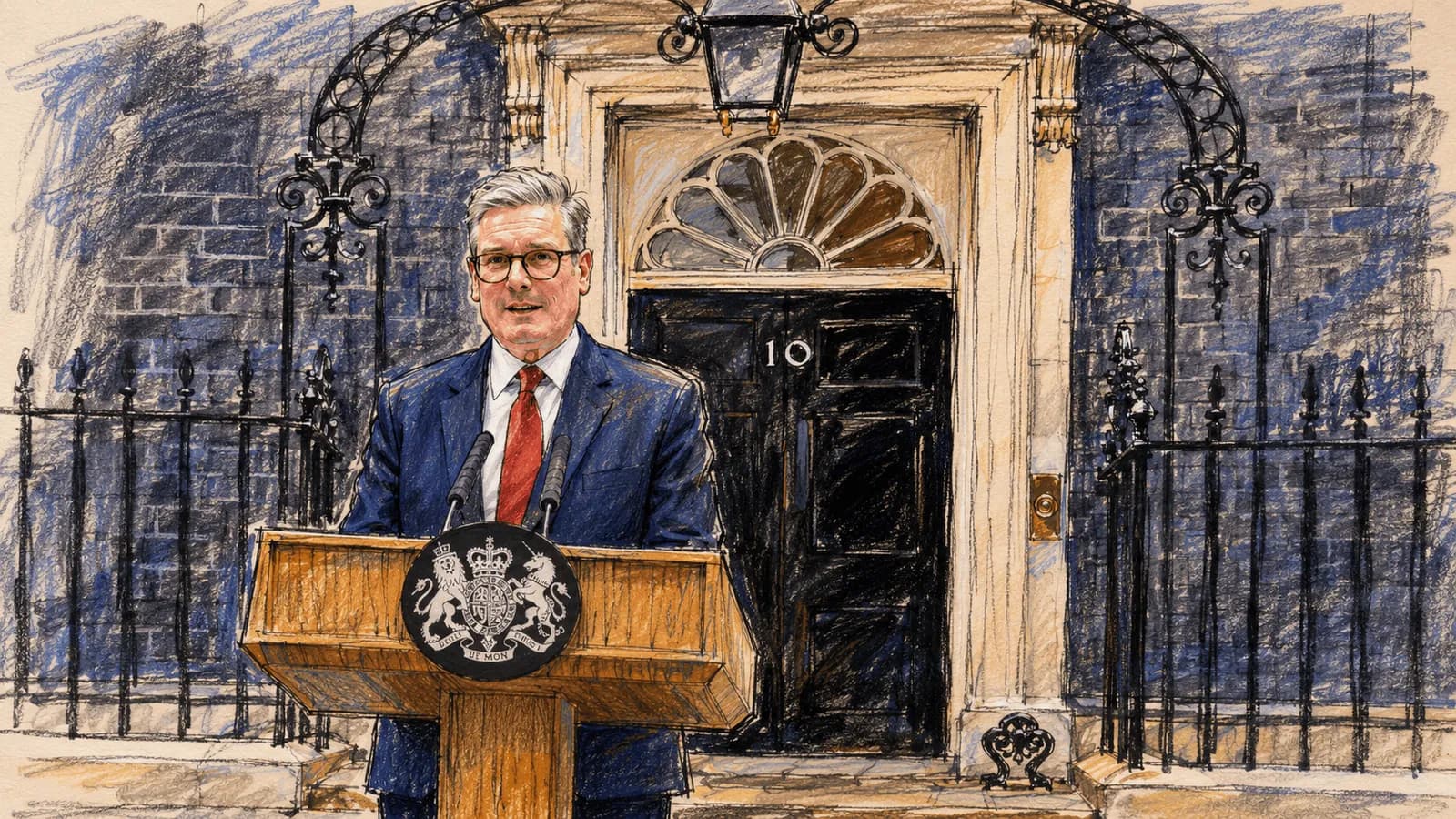 A charcoal and watercolor illustration of Keir Starmer speaking at a podium in front of 10 Downing Street.