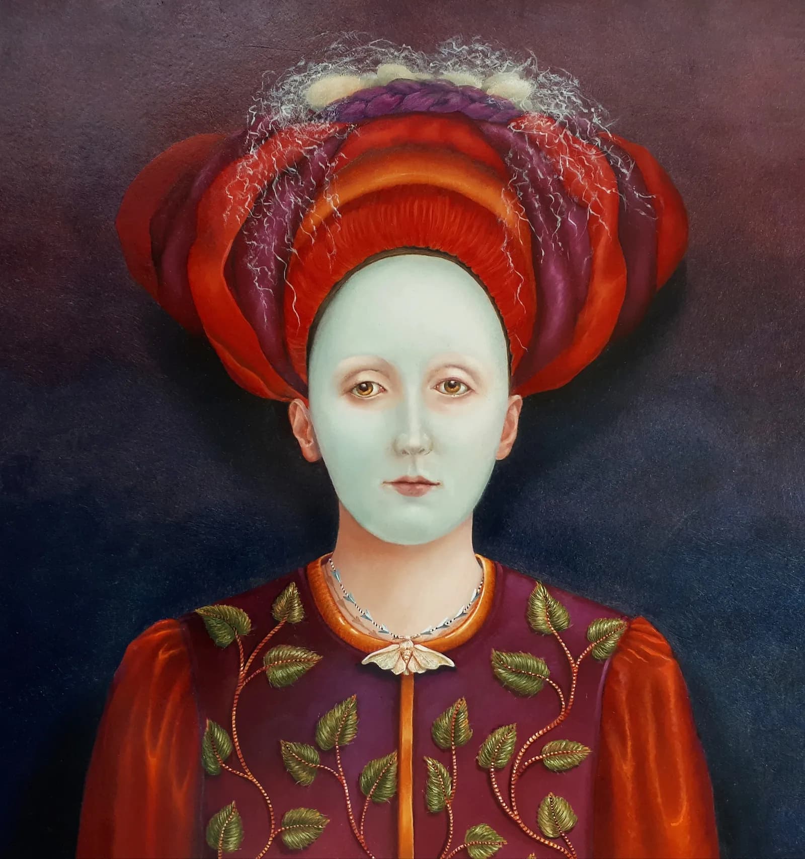 A painting of a person with a pale face, a large elaborate red and purple headdress, and a purple and red top with green leaf embroidery, against a dark background.