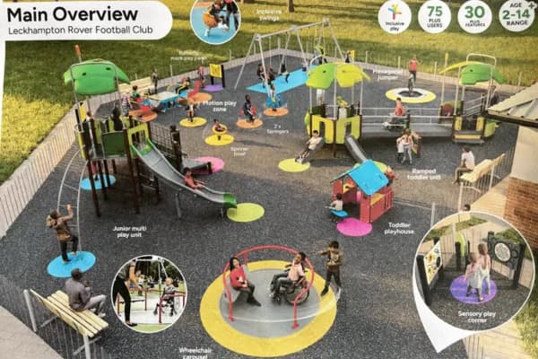 An overhead view of a children's playground with various play structures and children playing, including slides, swings, carousels, and playhouses, with labels for different areas and features.