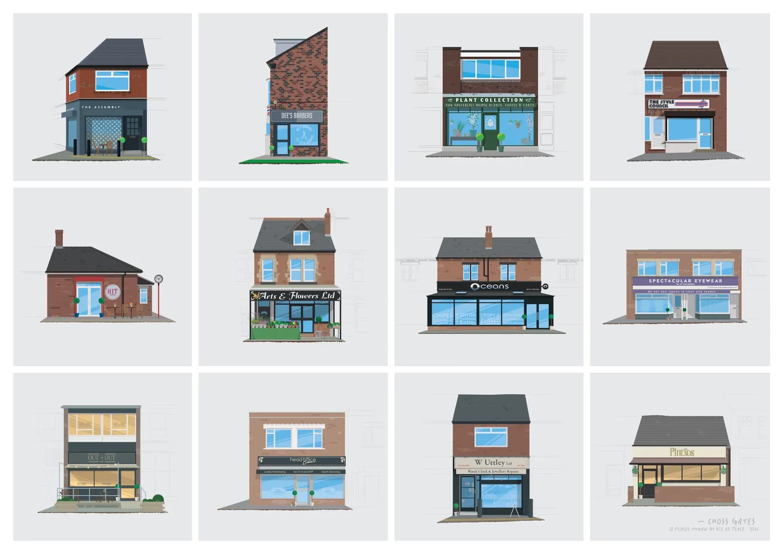A grid of twelve minimalist illustrations, each depicting a different brick building with a shopfront on the ground floor.